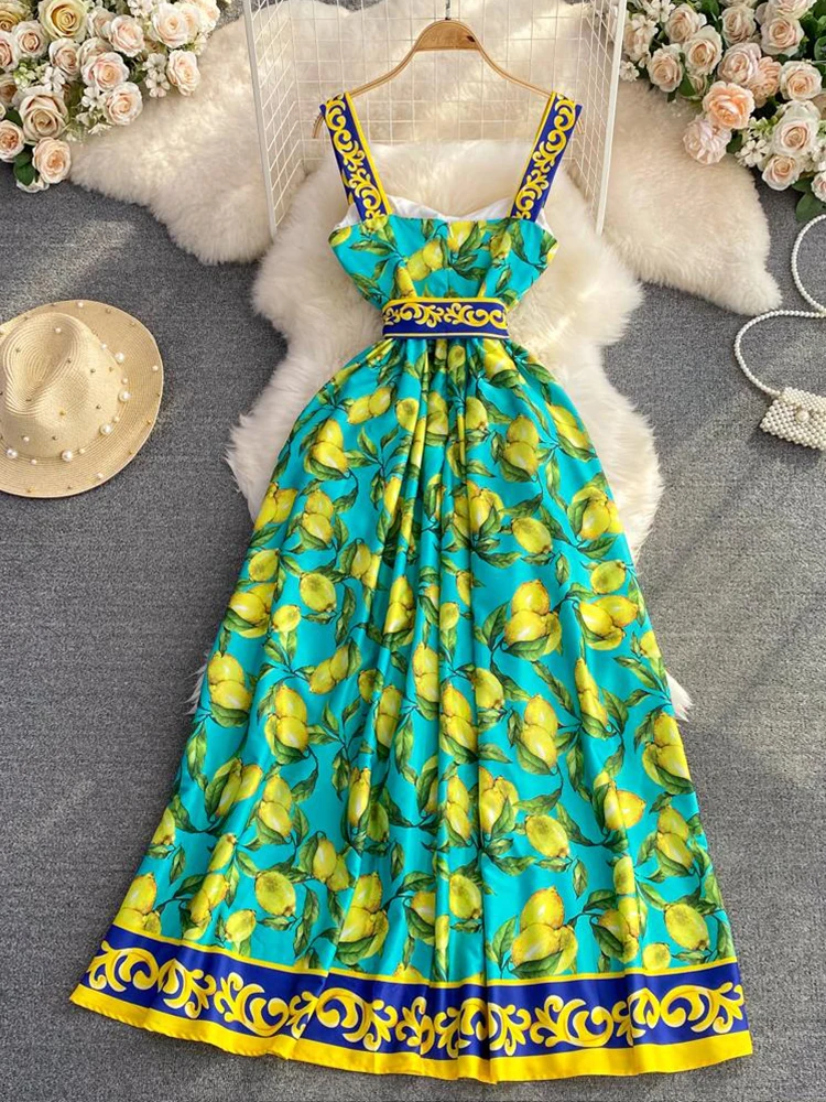 

Women's Runway Sleeveless Maxi Dress Summer Bohemia Lemon Print Belted Elegant Vacation Long Spaghetti Strap Tank Dress