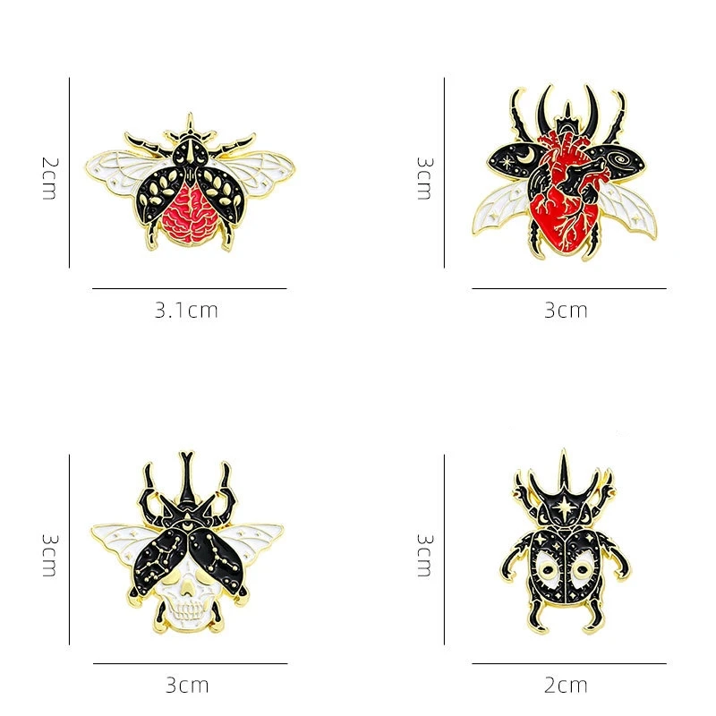 4pcs Creative Punk Beetle Enamel Brooch Exaggerated Insect Heart Brain Skull Gift Lapel Pin Badge Backpack Clothing Accessories