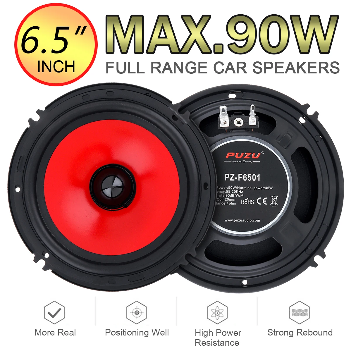 

2pcs 6.5Inch Car Audio Speaker 90W Full Range Frequency Heavy Mid-bass Ultra-thin Modified Speaker Non-destructive Installation