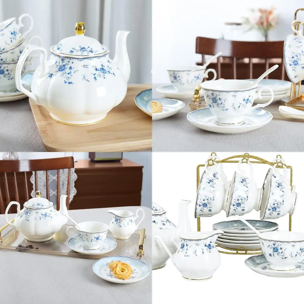 

Blue Rose Porcelain Tea Set for 6, British Floral Teapot and Cups, Elegant 15-Piece Tea Party Set for Women