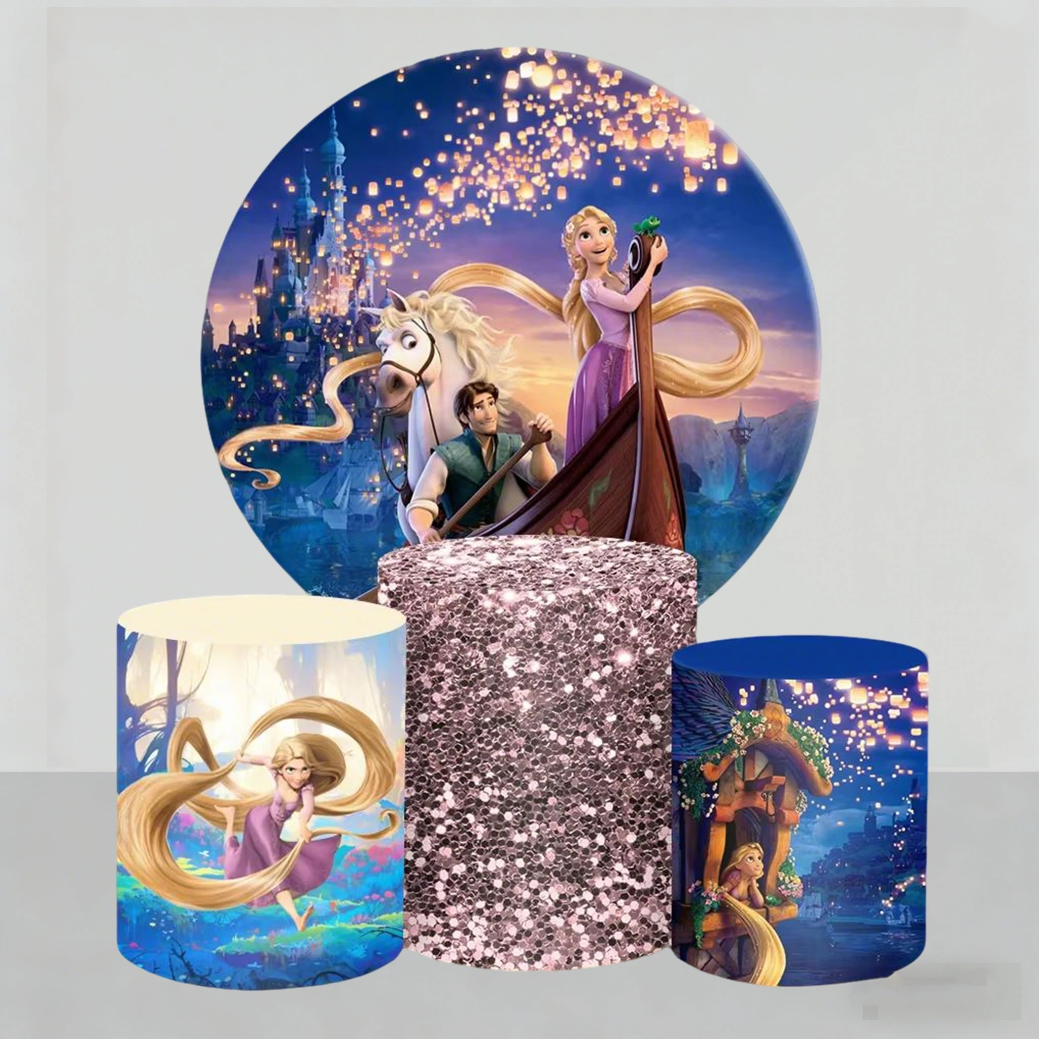 

Disney Rapunzel Themed Round Background and Cylinder Cover for Girls Birthday Party Baby Shower Photography Decoration Props