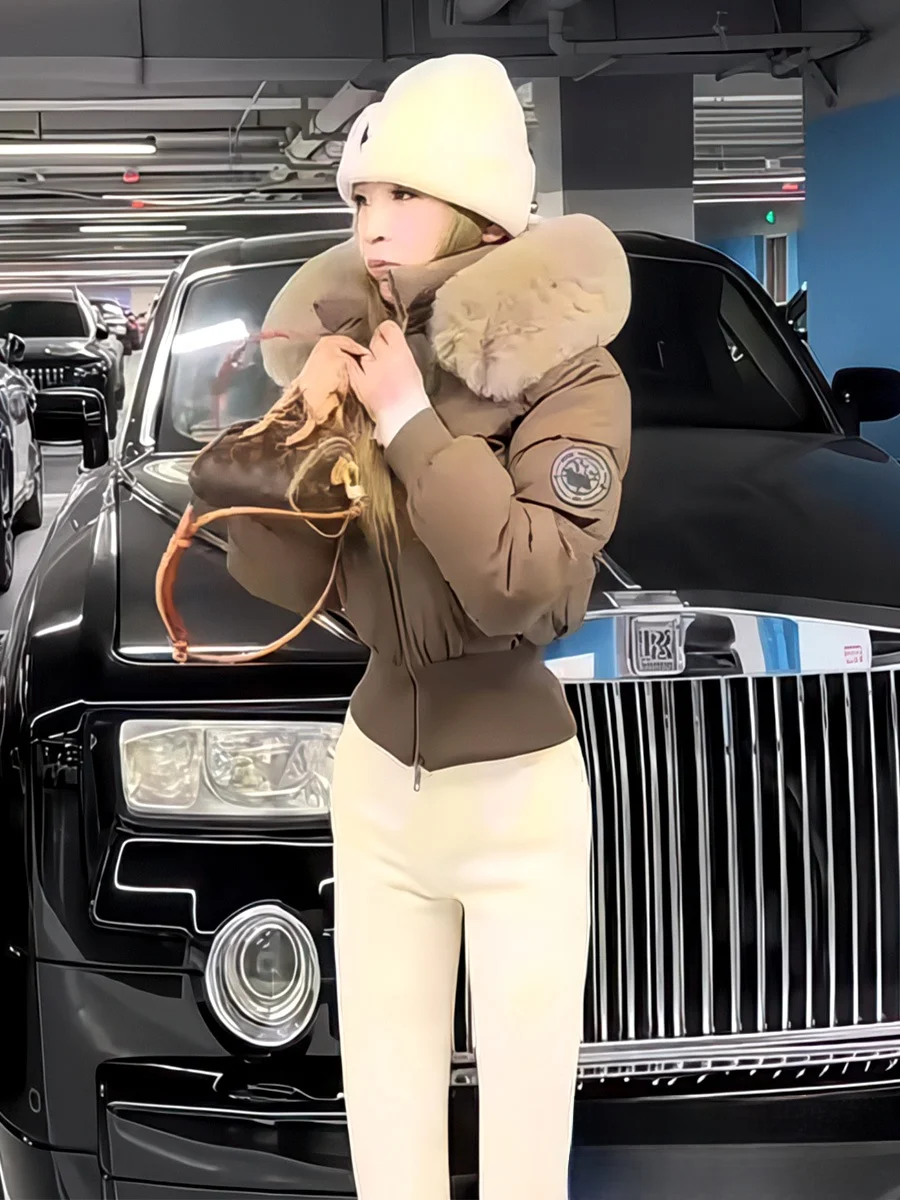 

Women's ort Thiened White Du down Jaet Fur Collar Slim Fit Warm Winter Coat Casual Sle Zipper ket Design