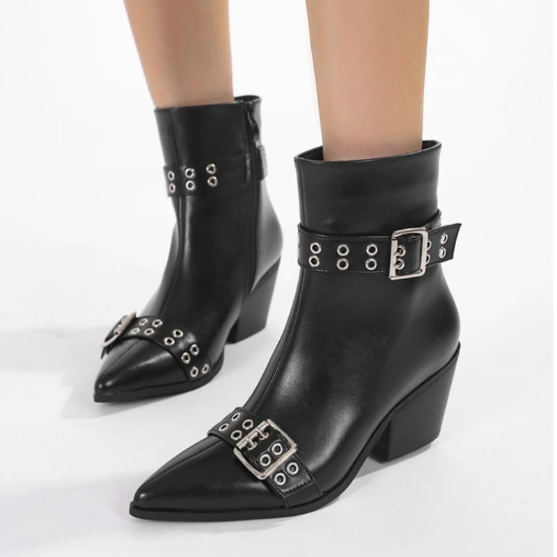 

Aneikeh/панк-дизайнерский стиль, ботильоны с пряжкой на ремне, женская обувь с острым носком и квадратным каблуком, модные короткие современные ботильоны на молнии