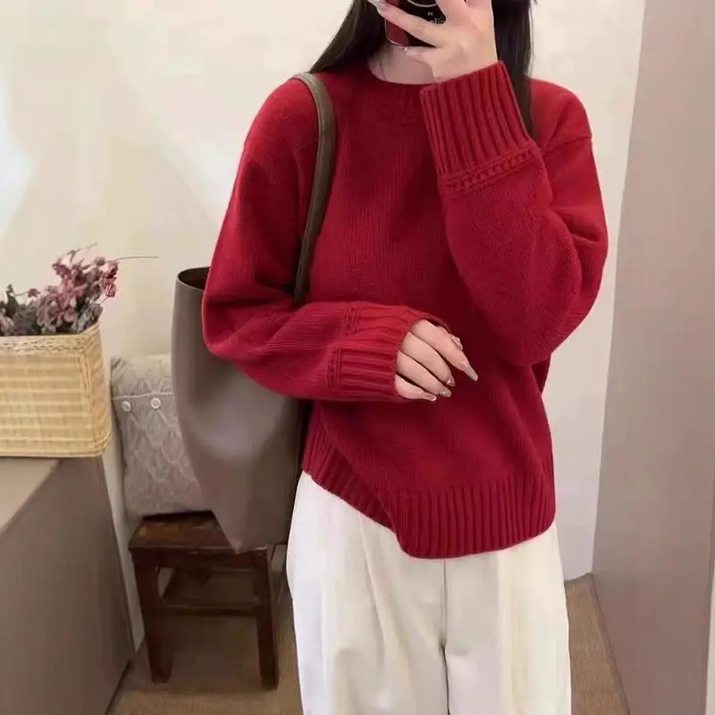 

Утолщенный свитер из 100% чистого кашемира с круглым вырезом, женский элитный свободный свитер на осень и зиму, новый вязаный свитер больших размеров, простой.