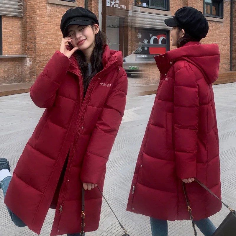 Winter Padded Jacket For Women Simple Mid-Length Down Cotton Solid Color Thickening Warm Loose-Fitting Outerwear