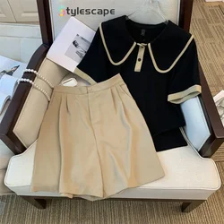 Korean Style Versatile Slimming Short Sleeved Fashion Set for Female Niche Doll Neck Shorts, Stylish Two-piece Set for Women