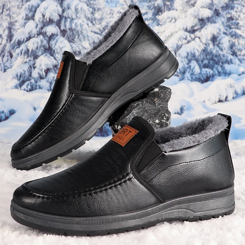 Herren Winter Slip-On Schneeschuhe mit Fleecefutter, Obermaterial aus synthetischem PU, rutschfeste Gummisohle, warme, lässige Outdoor-Wanderschuhe für ältere Menschen. – Detail 3