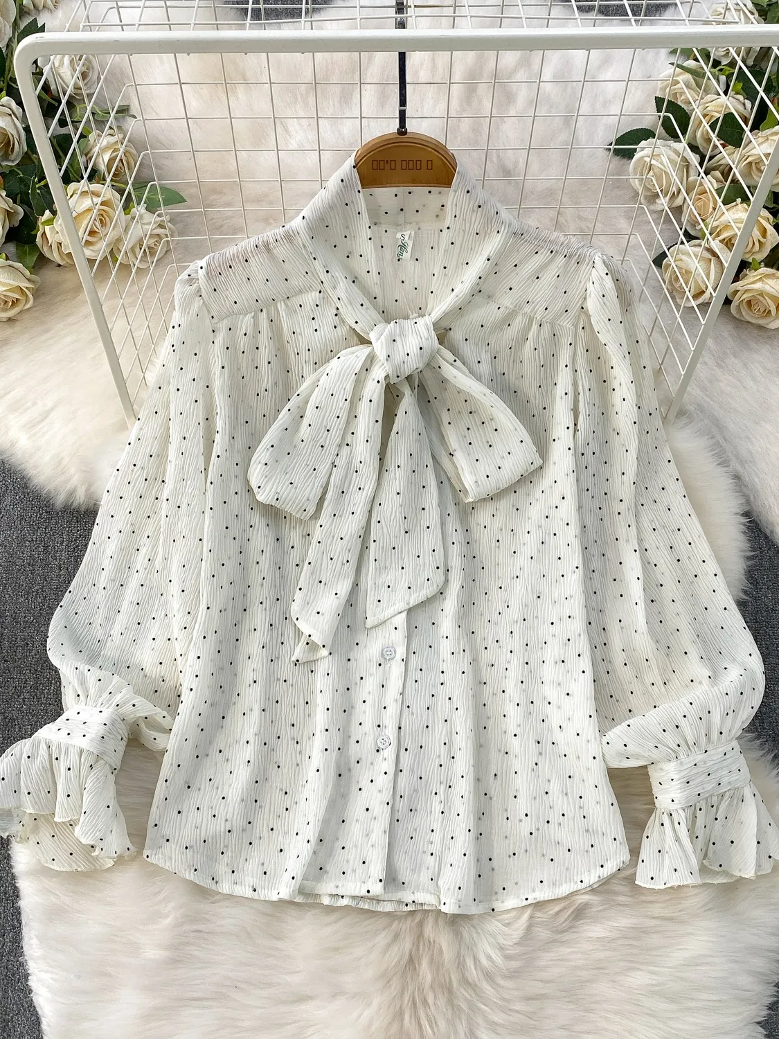 

Sweet Polka Dot Knot V-ne Bell Sve Loose Casual Women's irt Spring Autumn Boting Top Skin-friendly Breath...