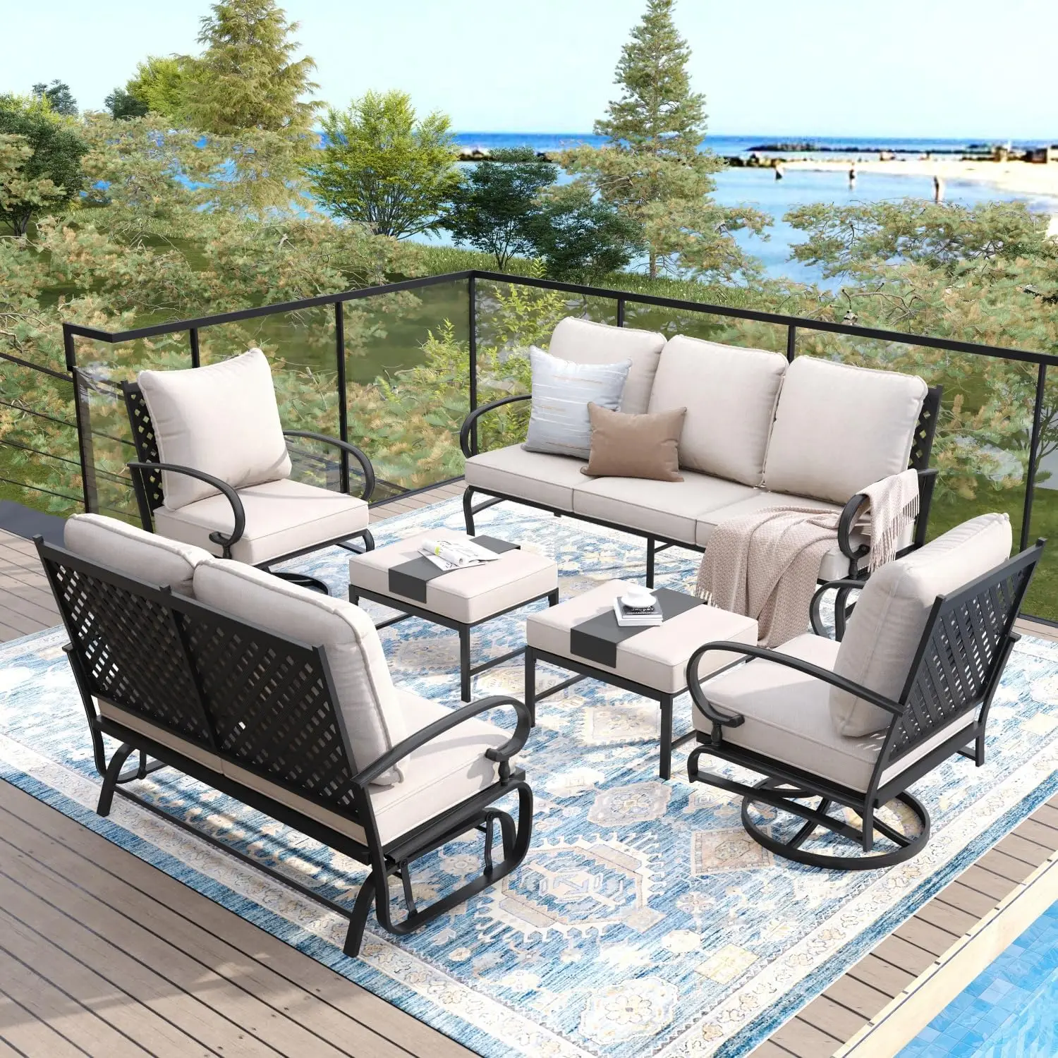 

5 Pieces Patio Furniture Set, Outdoor Conversation Set with 3-seat Outdoor Sofa, Patio Loveseat,Patio Chairs Set Padded Ottomans