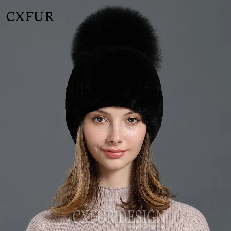 

Warm and Soft Rex Rabbit Fur Beanies Big Fox Fur Pompom Hat for Women CX-C-83E