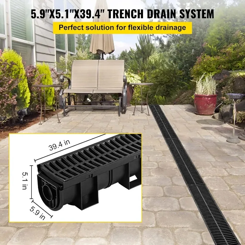 Trench Drain System with Plastic Grate, 5.9x5.1-Inch HDPE Channel Drainage for Garden, Driveway - 6 Pack