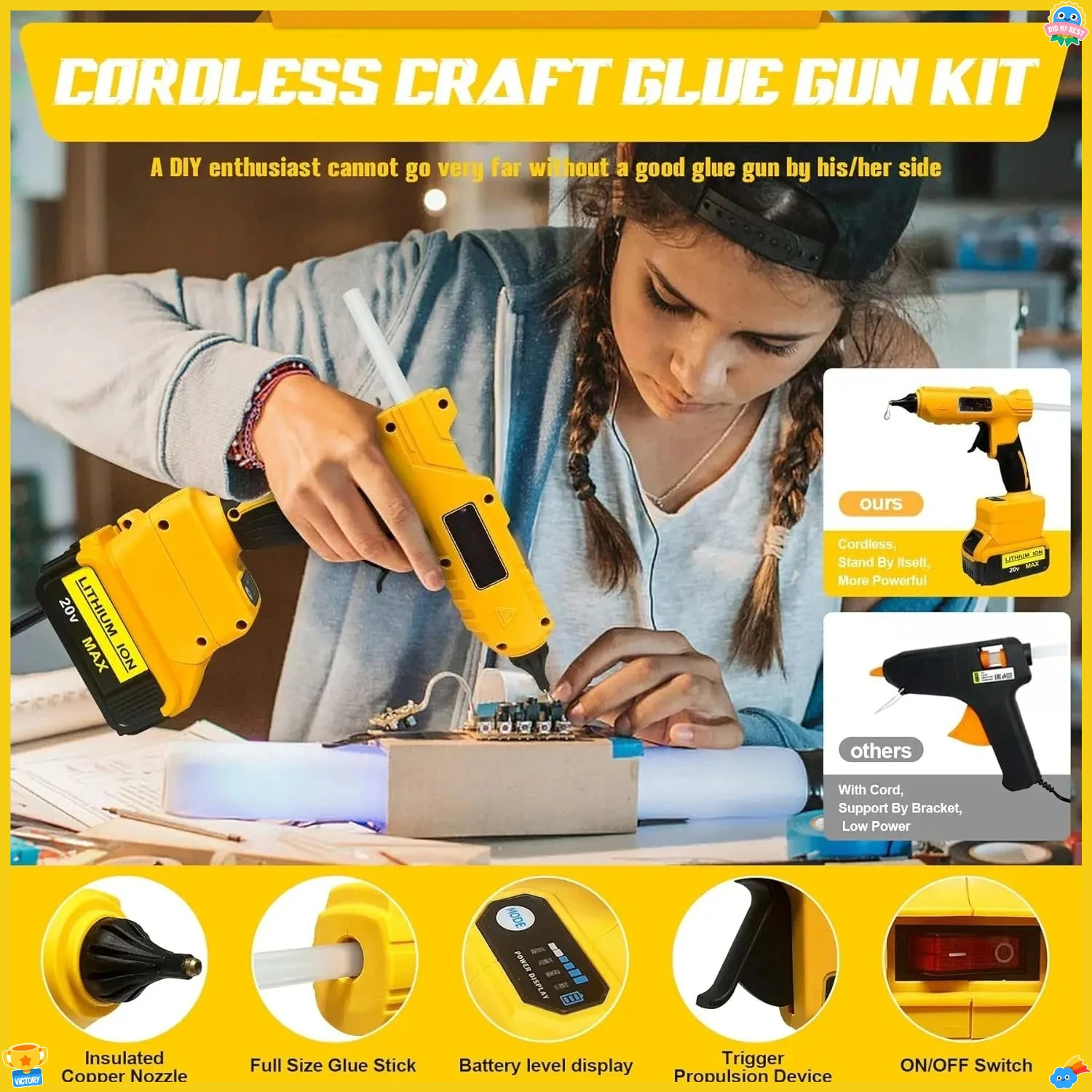 DEWALT Cordless Elektrische Handheld Heißkleber Pistole Reparatur DIY Werkzeug Hot Melt Schweißen Heißluft Pistole Anti-verbrühen Düse Werkzeug