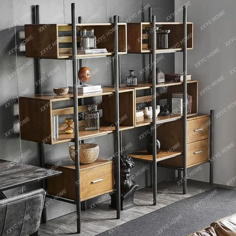 XXRetro solid wood shelf storage Light luxury stainless steel bookshelf Floor-to-ceiling living room with cherry wood bookcase