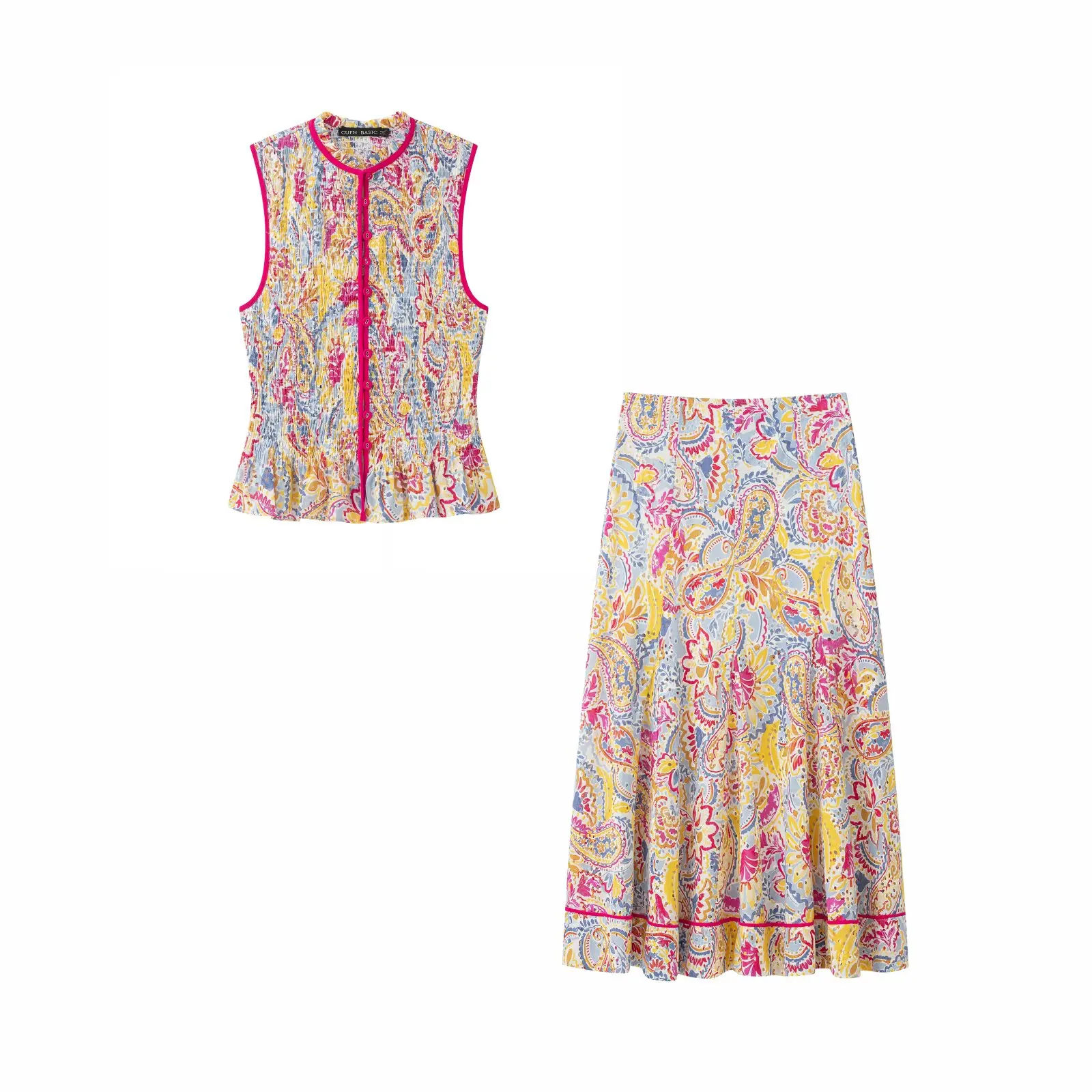 Damen Mode Blumendruck Ausgeschnittene Sets Sexy Ärmelloses O-Ausschnitt Knopf-Slim-Top+Lange Röcke Sommer Urlaub Neu 2-teilig – Detail 4