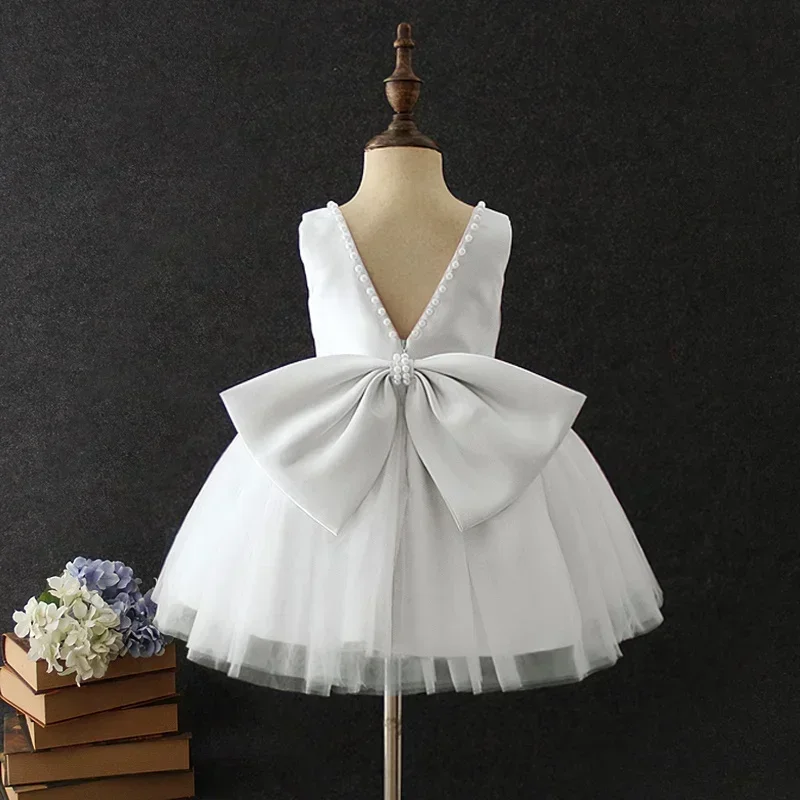 Backless Pearls Bow Baby Girls Dresses Birthday Party Wear Wedding Flower Green Dress Toddler Kids Christmas New Year Dress