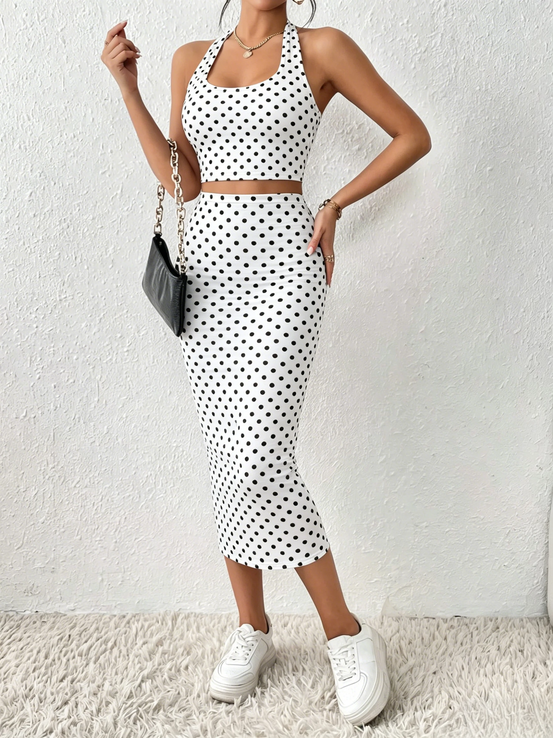 2Pcs Women Polka Dot Halter Crop Top High Waist Midi Bodycon Skirt Y2K Club Casual Two Piece Set view 4