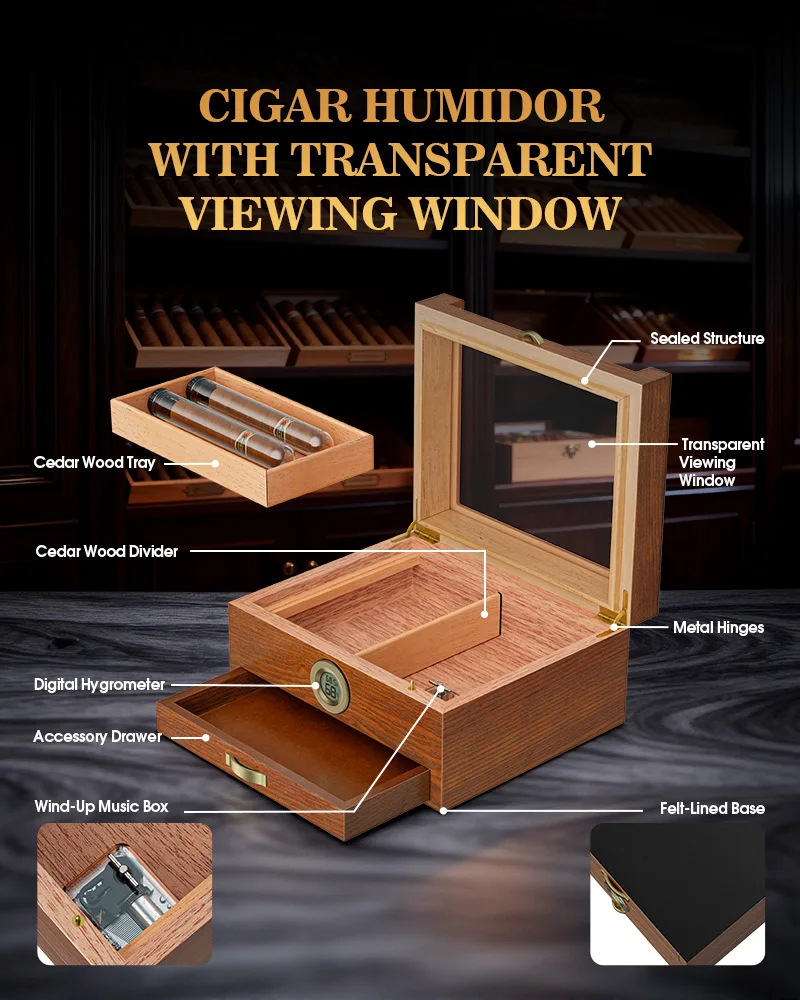 Cigar Humidor with Built-in Music Box System and Cedar Wood Tray-Transparent Top Desktop Humidor,Digital Hygrometer & Humidifier