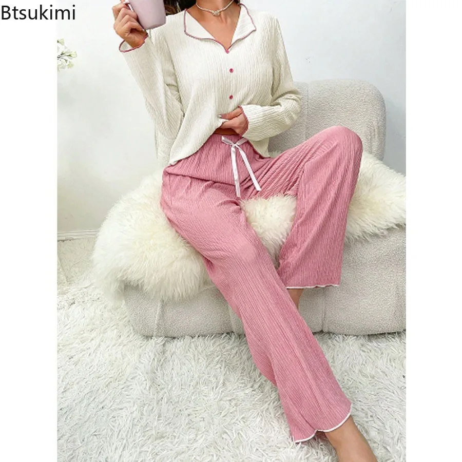2025 Spring Autumn New Pajama Women's Set Elegant Temperament Collar Buckle Short Sleeve Pants Two Piece Set Home Wear Outerwear