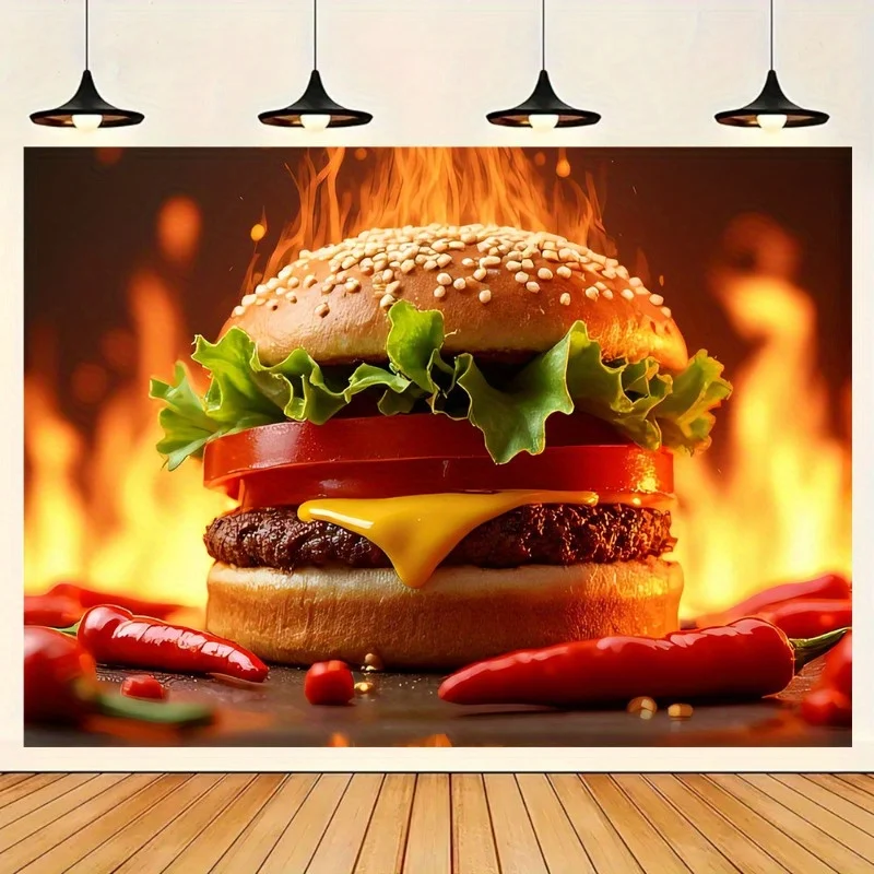 1 pancarta de fondo para comida rápida de hamburguesa, hamburguesa a la parrilla realista con lechuga, tomate y queso