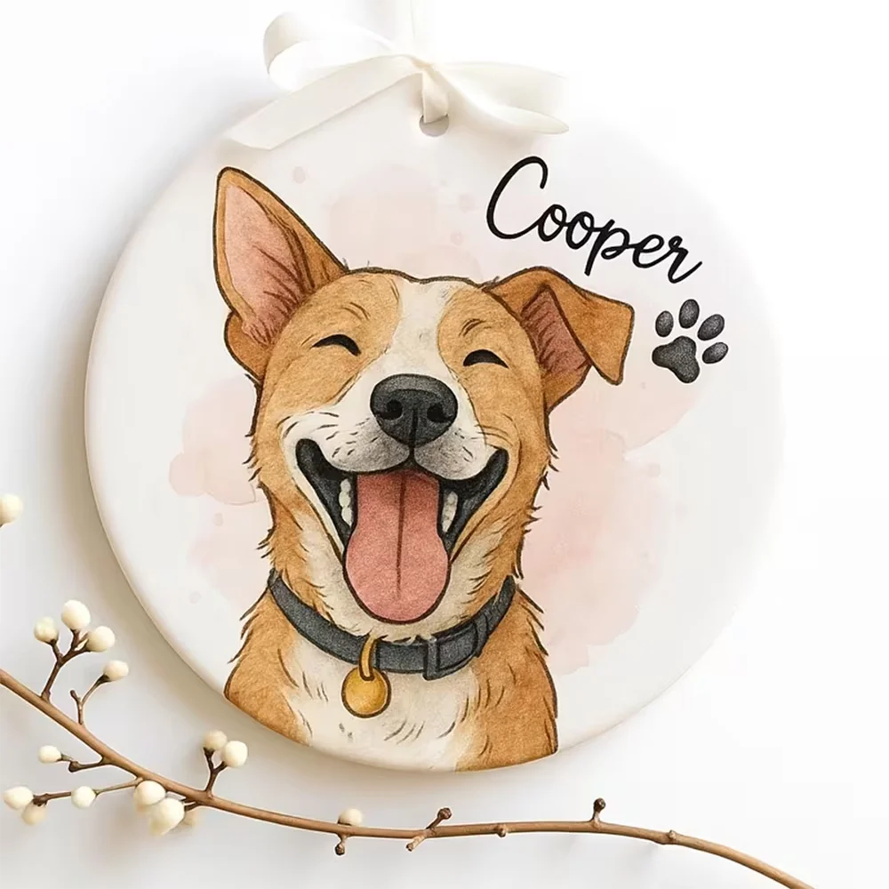 Personalisiertes Aquarell-Haustier-Foto-Ornament, individuelles Gedenkstück für Katzen und Hunde, Keramik, runde Form, Art Deco, Geschenk für Tierliebhaber
