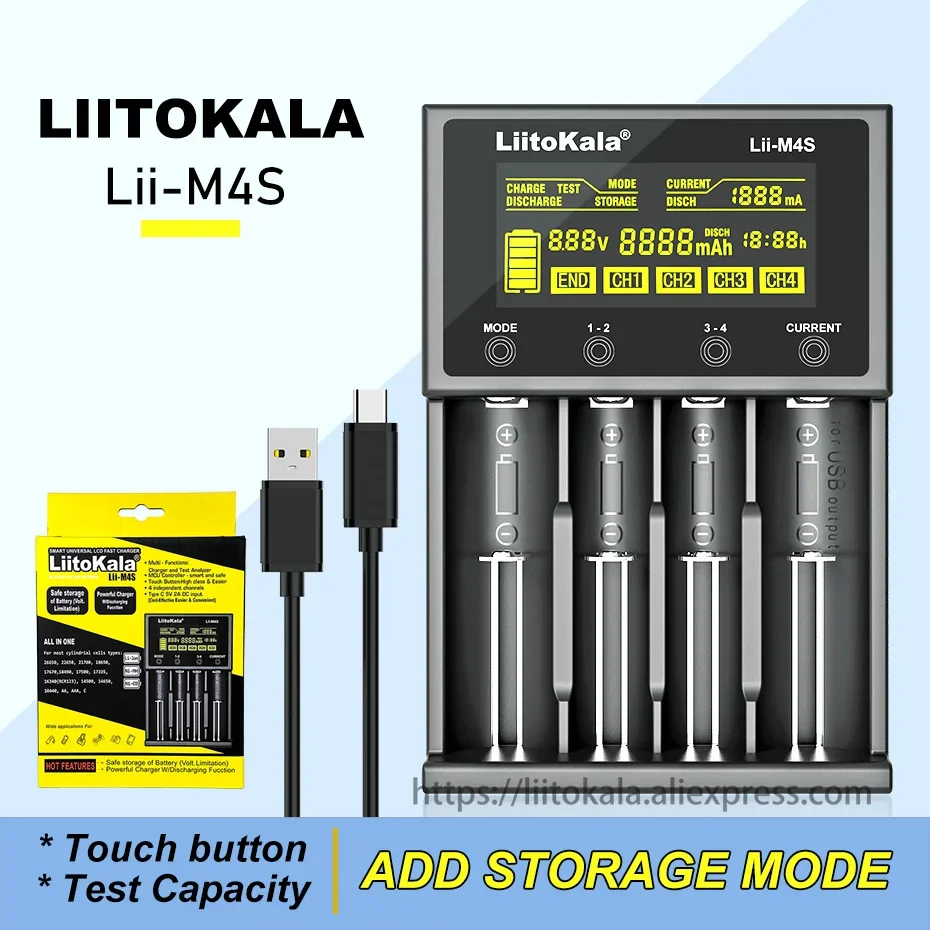 LiitoKala Lii-M4S 18650 Caricabatteria multifunzione LCD per 3.7V 1.2V 26650 21700 14500 18350 17500 AA AAA AC e altri