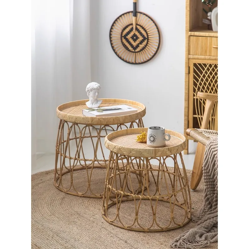 

Nordic ins round rattan coffee log color small round tatami Dai bamboo table woven rattan edge