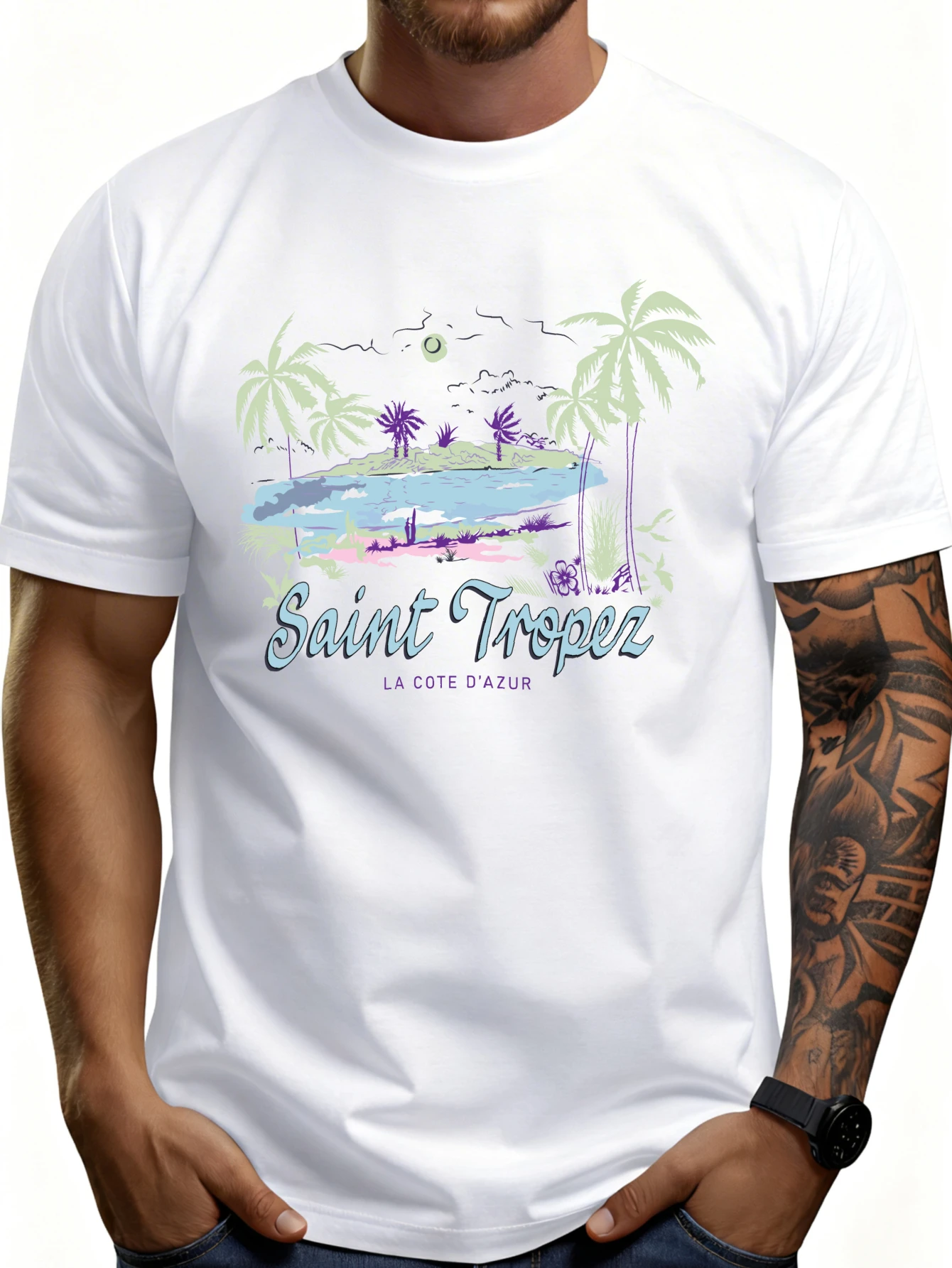 Camiseta informal de verano para hombre, Saint-Tropez, Lacoste, escena de playa de la Côte D'Azur, diseño gráfico de paraíso tropical, adecuada para viajes de vacaciones y clima cálido, un regalo para él, amigos y familiares