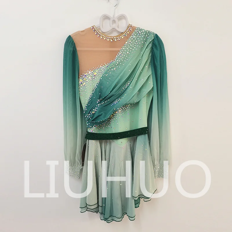 

LIUHUO Ice Figure Skating Dress Long Sleeves Green Color Girls Women Teens Stretchy Spandex Competition Dress