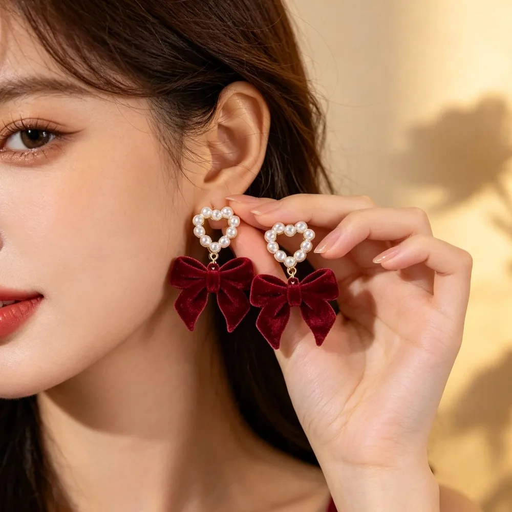 Vintage Red Wine Flocking Earrings Geometric Bowknot Stud Earrings for Women Fashion with Jewelry Accessories