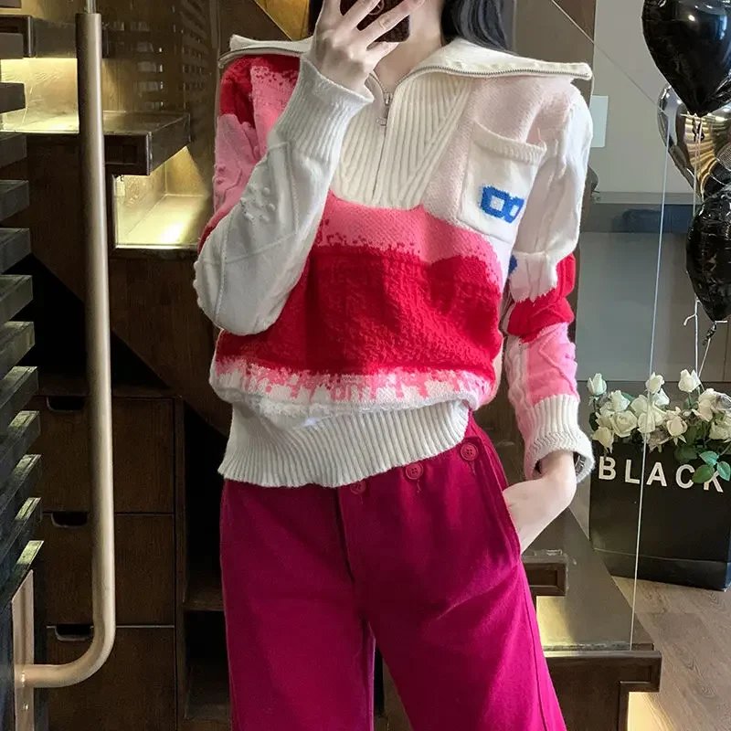 

Light Luxury Contrast Color Sweater Fashion Denim Wide-leg Pants Slimming Spring New Set Age Reduction Leisure Two-piece Set