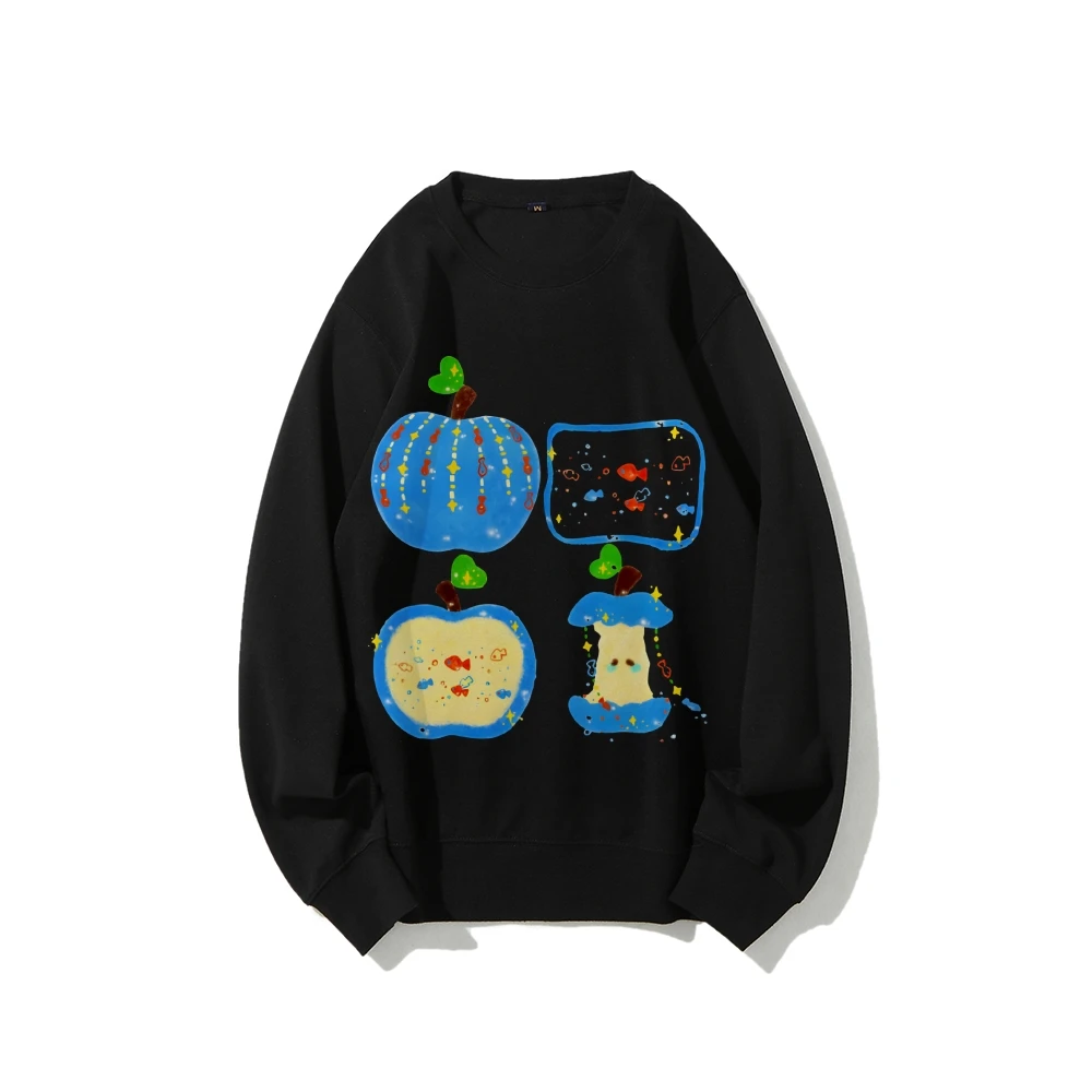 เสื้อกันหนาว Y2K กราฟิก Hoodie Blue Apples Premium Cotton คุณภาพสูง Oversize สีสัน Hoodie ผลไม้ Slice พิมพ์ Artsy Y2K สไตล์