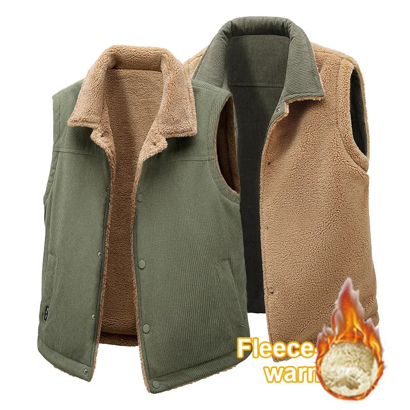 

High-Quality Lambswool Vests Men Winter Fleece-Lined Insulated Vest Couple's Corduroy Sleeveless Jacket Versatile Casual Coats