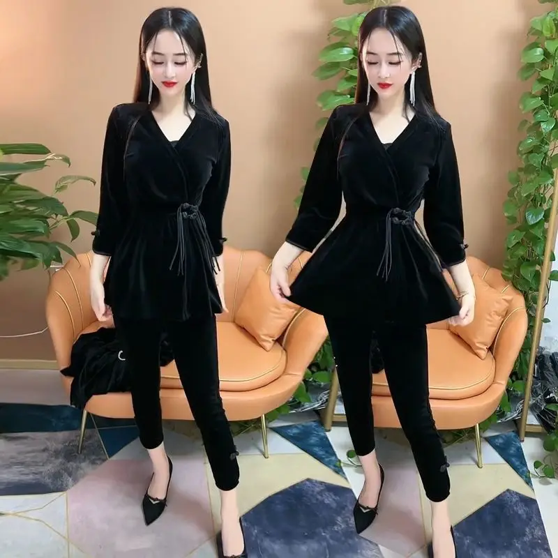 Spring Autumn New Canary Velvet Fashion Suit Slim Cut Look Slimmer Dial Buckle Cardigan Thin Pants 2 Piece Sets Womens Outfits