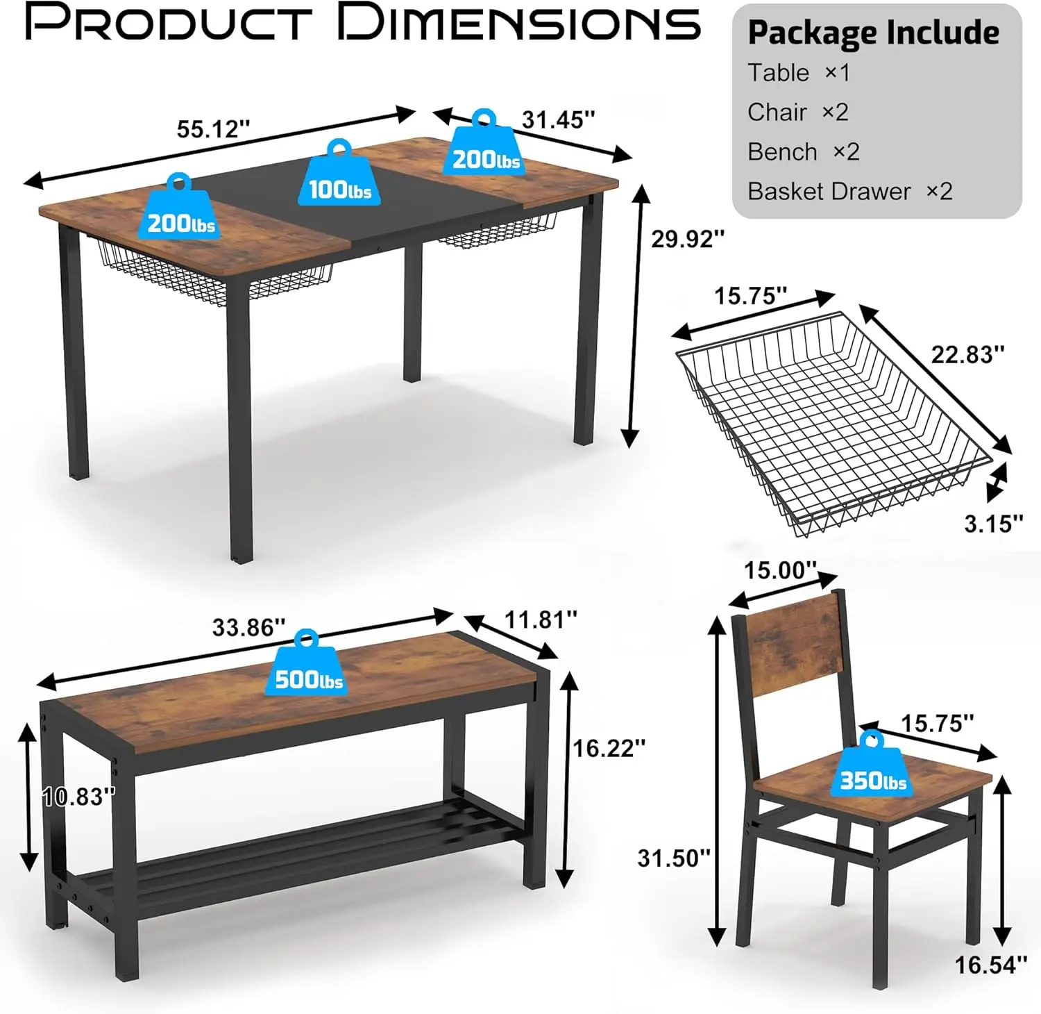 Set for 4-6 People,Industrial Dining Table with 2 Benches and 2 Chairs,Kitchen Table Set with Storage Rack for Dining Room,Savin