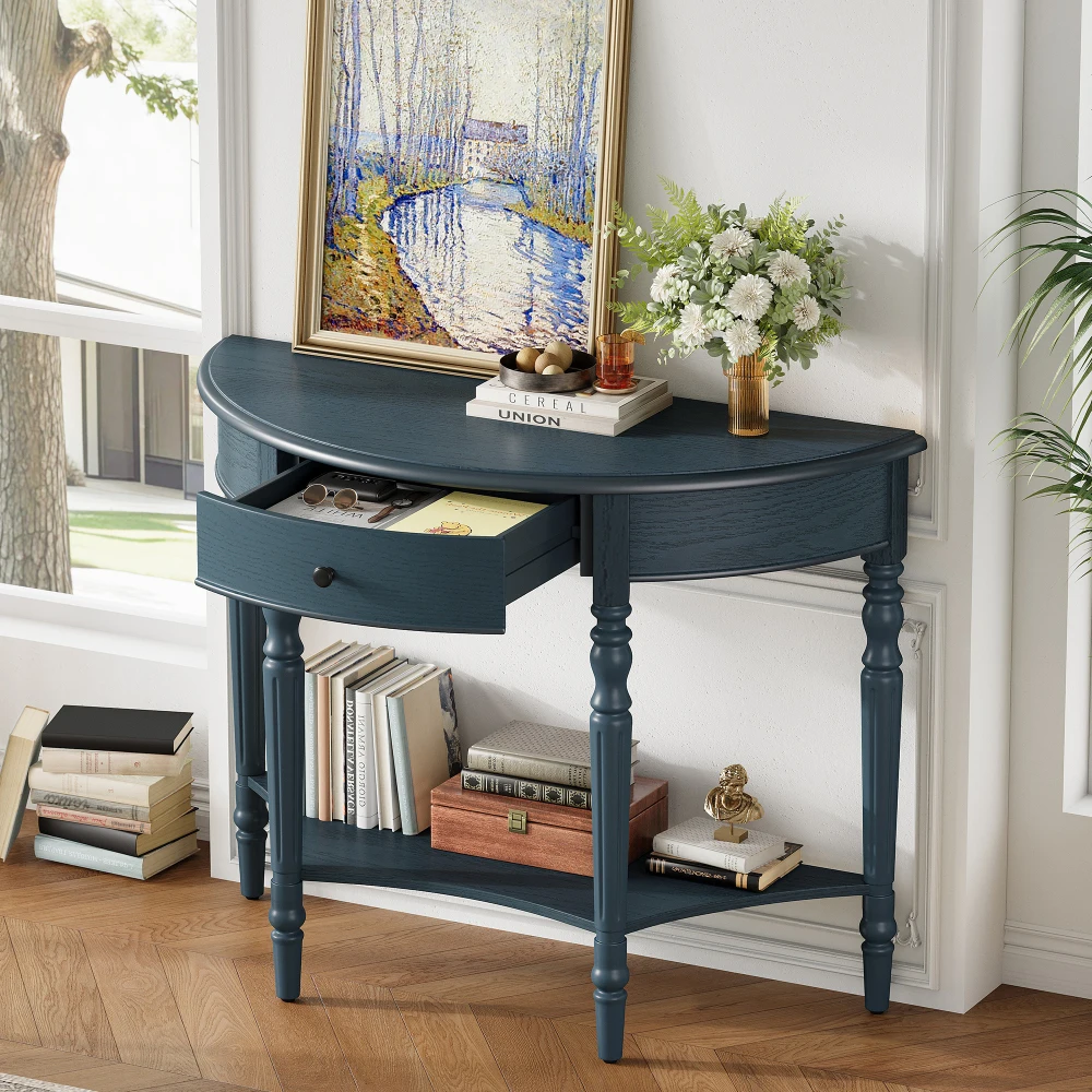 39 Inch Half Moon Console Table with Drawer and Lower Shelf, Turned Wood Legs, Rustic Entryway Sofa Table, Multiple Finishes