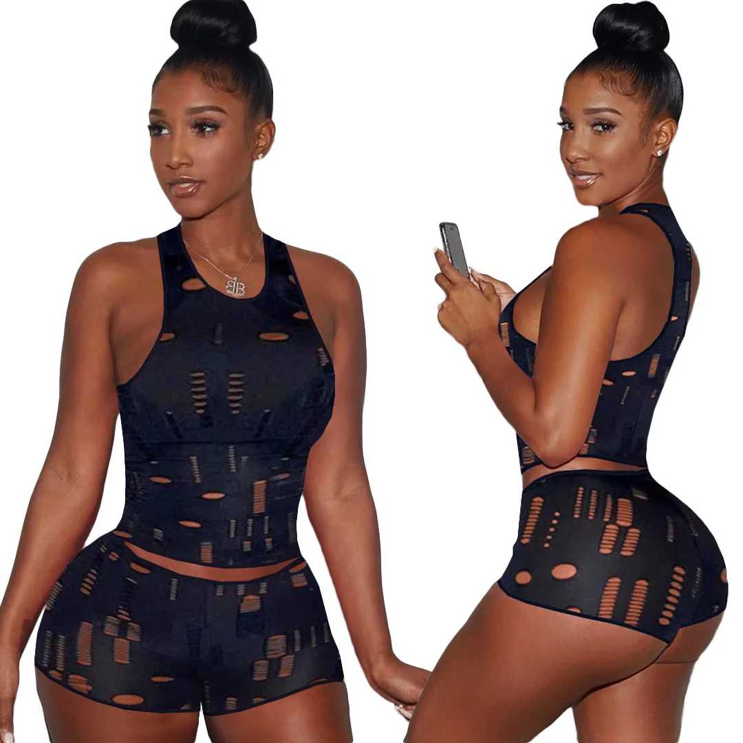 Fitness Hole Hollow Out Summer Two Piece Set Women Solid Sleeveless Vest Crop Tops Bikers Shorts Outfit Yoga Sportwear Tracksuit