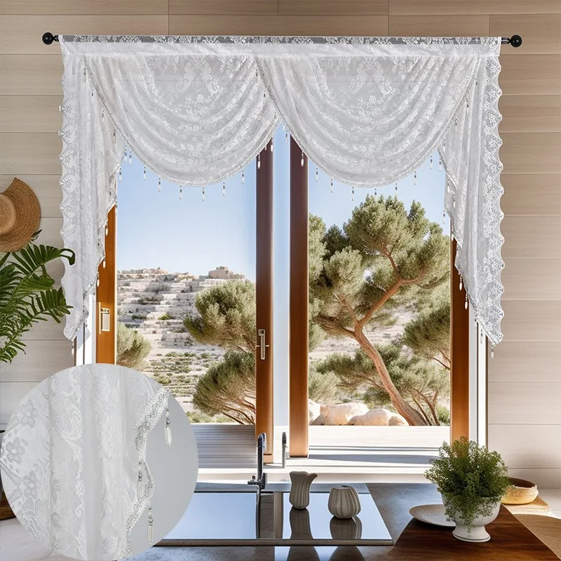 Lace Window Curtain Swag Tassel Wave Curtain Shades Light Filtering Rod Pocket Curtain Screen for Banquet Bedroom Decor