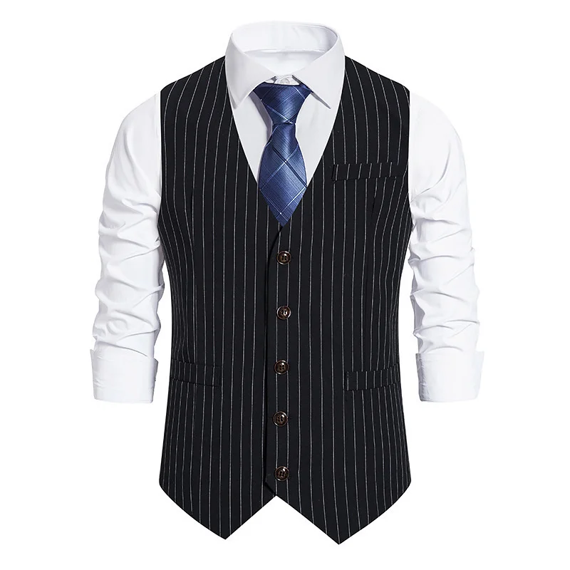 #4840 Vertrical Striped Vests Men V-neck Office Business Vests Single Breasted Vest Regular Fit Men\'s Vest Pockets Black Grey