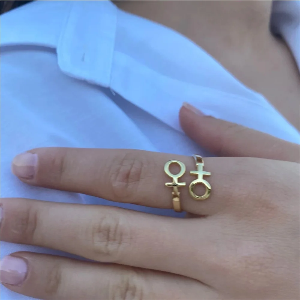 Minimalist Double Venus Symbol Ring Gold Color Stainless Steel Adjustable Open Ring Women Lesbian LGBT Jewelry LES Gifts