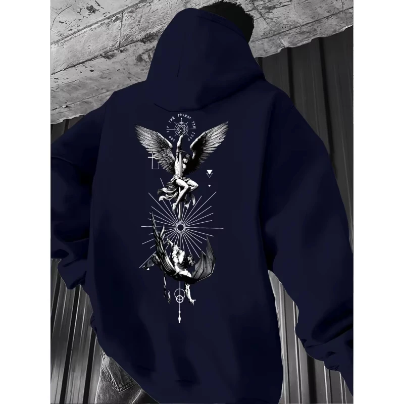 Men'S Gothic Angel And Tarot Print Hooded Sweatshirt - Long-Sleeved Casual Pullover Shirt，Multifunctional Street Style
