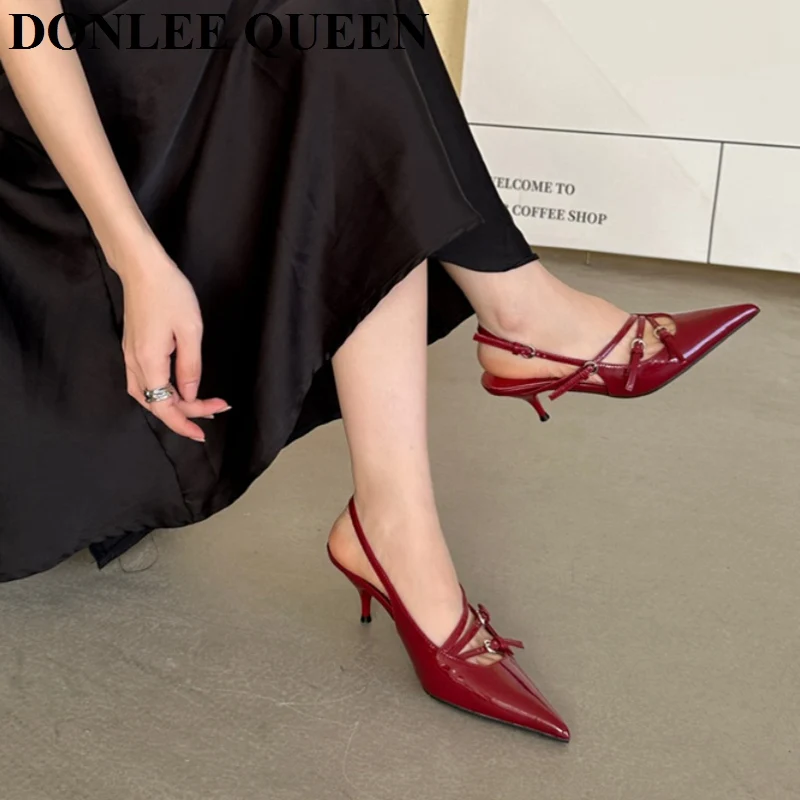 2024 Fashion Slingback Sandals Shoes Women Med Heel Pumps Elegant Pointed Toe Mule Dress Brand Slides Narrow Band Sandalia Mujer