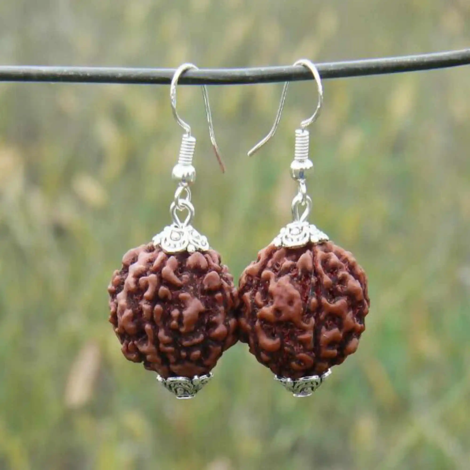 Fashion natural brown round Rudraksha bead silver earrings VALENTINE'S DAY Lucky Aquaculture Freshwater