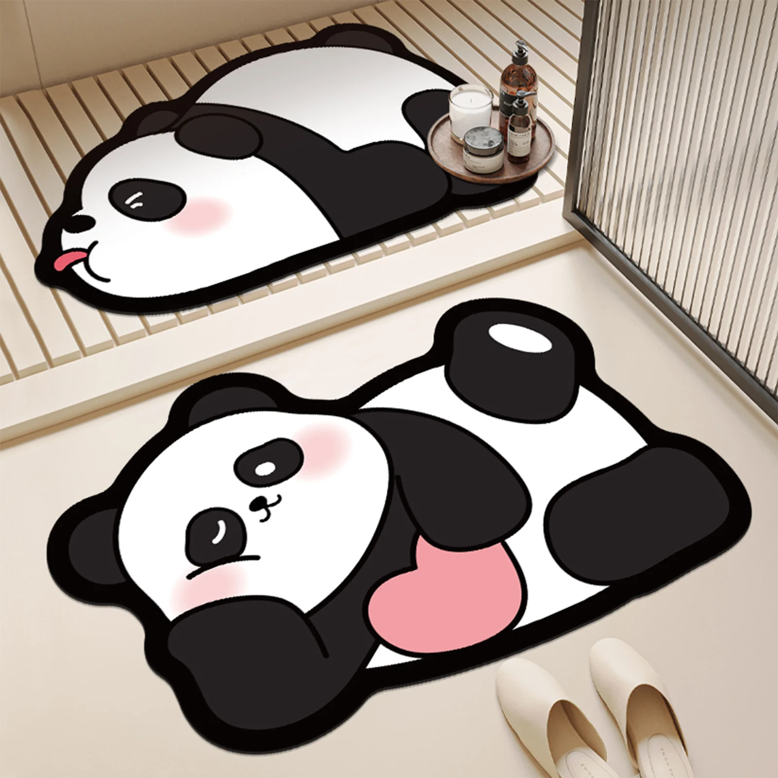 Rubber Bathroom Anti-Slip Floor Mat, Water-Absorbing and Quick-Drying Floor Mat, Cartoon Panda Printed Floor Mat