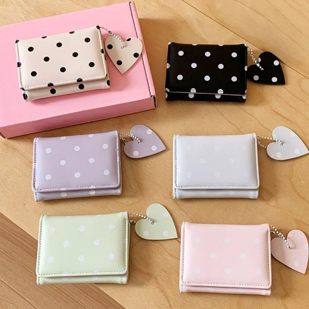Sweet Sweet Trifold Polka Dot Wallet Multi-functional Heart Pendant PU Card Holder Lightweight Portable Coin Purse Casual