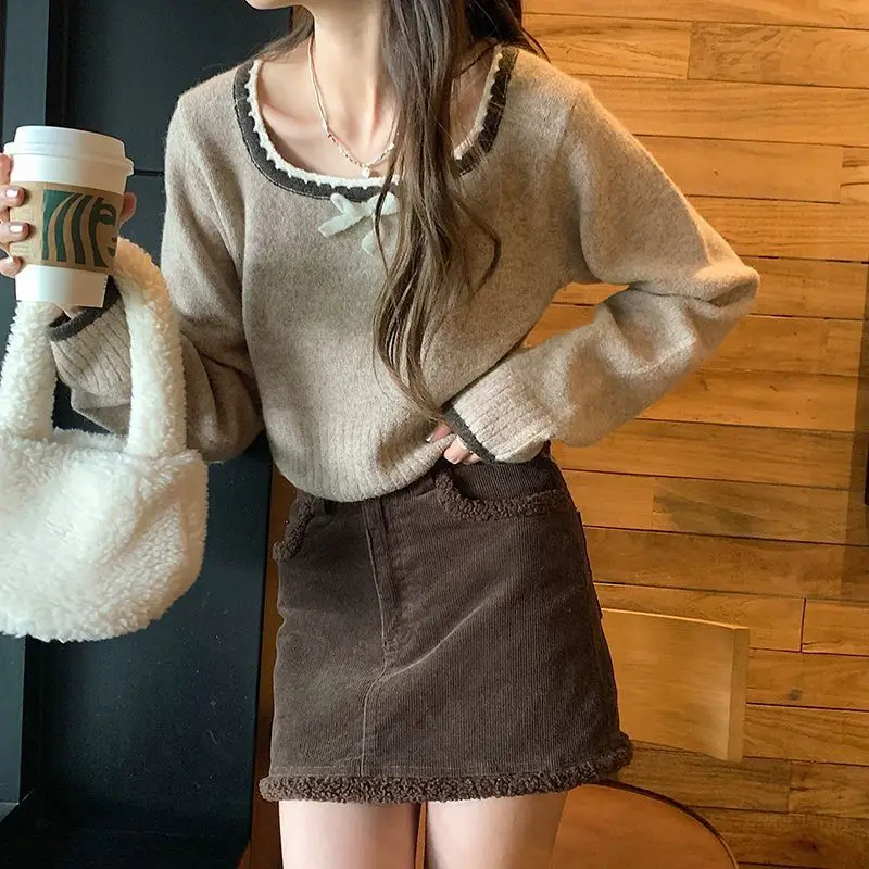 Square Neck Pullovers Women Bows Patchwork Tops Fashion Simple Sweaters Loose Thicker Female Korean Style Streertwear Ladies