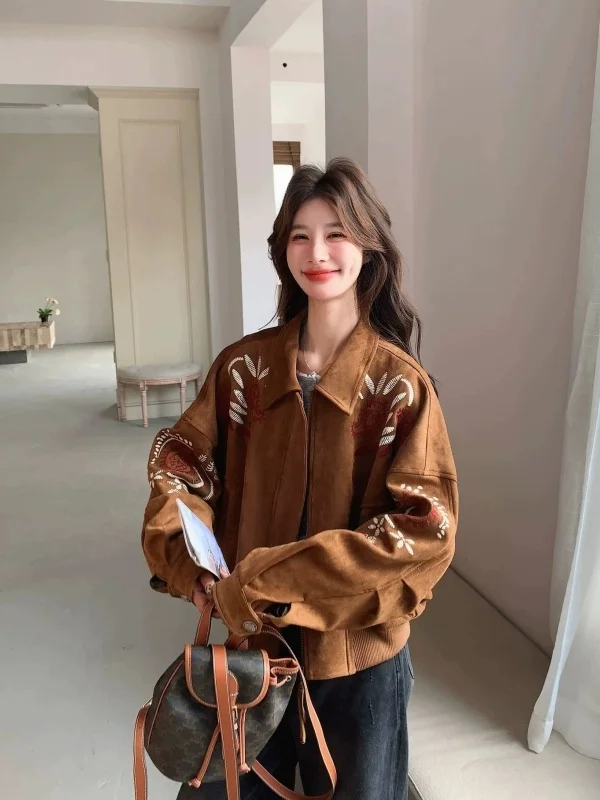 Retro Brown Suede Jacket Women's Autumn Winter Short Coat Embroidery Color Block Small Size Jacket Vintage Style Long Sleeve