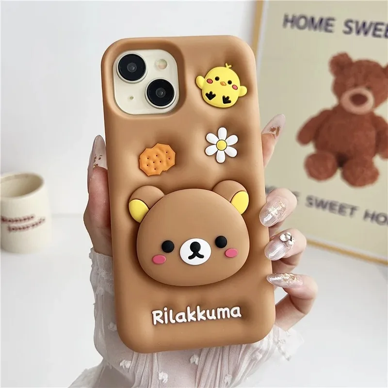 Cute 3D Cartoon Rilakkuma Soft Silicone Phone Case For iPhone 15 14 Plus 13 12 11 Pro Max Cute Bear Head Holder