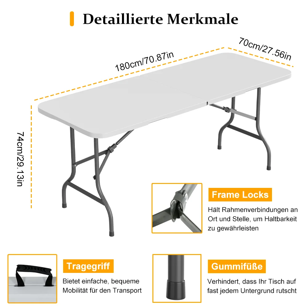 Draagbare opklapbare tafel 180cmx70cmx74cm Buiten camping picknicktafel met handvat, eettafel, stevige opklaptafel