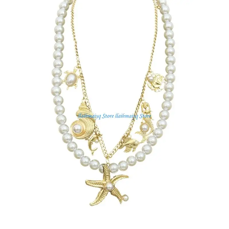 

573B Portable Layer Seashells Pearls Jewelry Multiple Strand Necklace for Beachwear or Office Attire