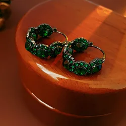 Rhinestone Emerald U Hoop Earrings for Women French Vintage Fashion Temperament Earring Luxury Jewelry Manufacturers Wholesale